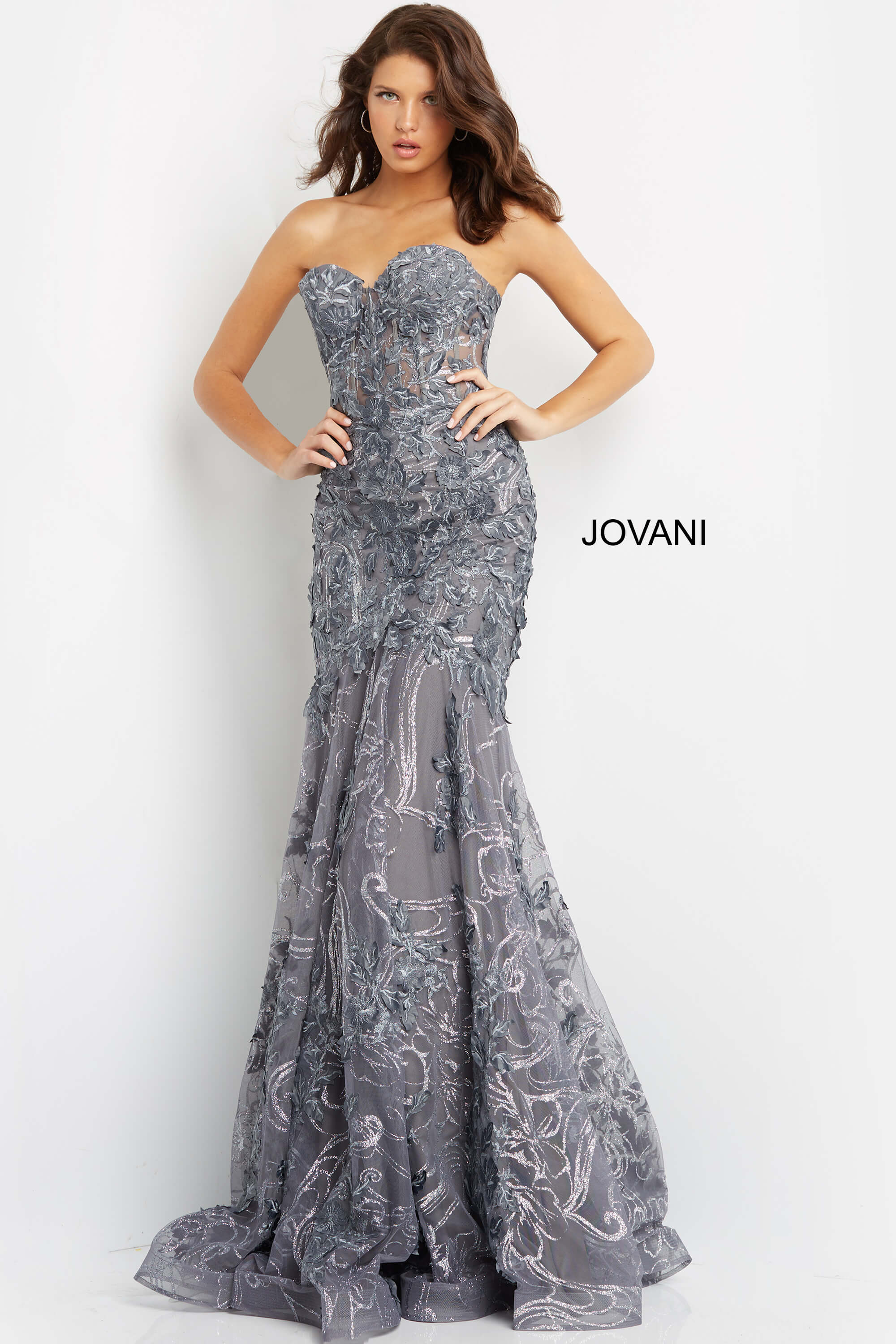 Jovani 07935 Gunmetal Embellished Floral Appliques Dress 1301